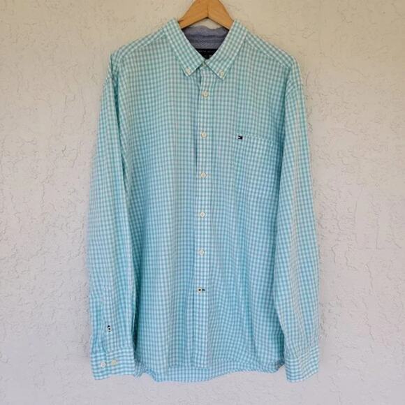Tommy Hilfiger Long Sleeve Check Button Down Shirt Mens XL Teal Blue Classic Fit - Picture 1 of 9